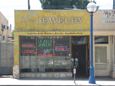 Historic photograph of our former West Hollywood storefront, with La Jolla Jewelry above the entrance.