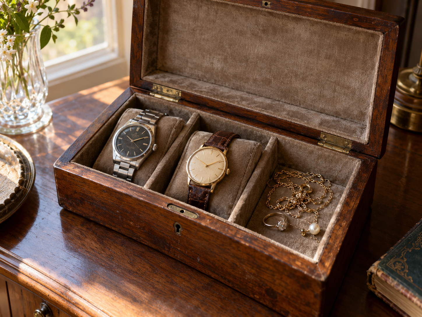 Two wristwatches, a gold chain, diamond ring and pearl earring in a velvet-lined wooden box.